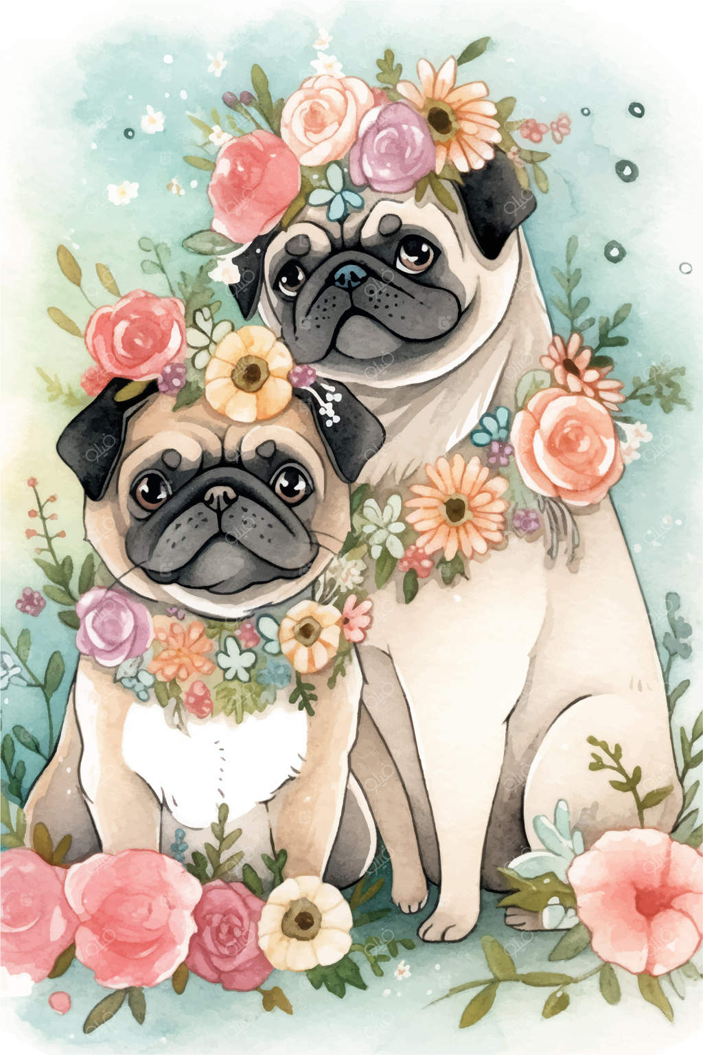 نقاشی آبرنگی از دو پاگ با گل‌هایی بر سرشان.