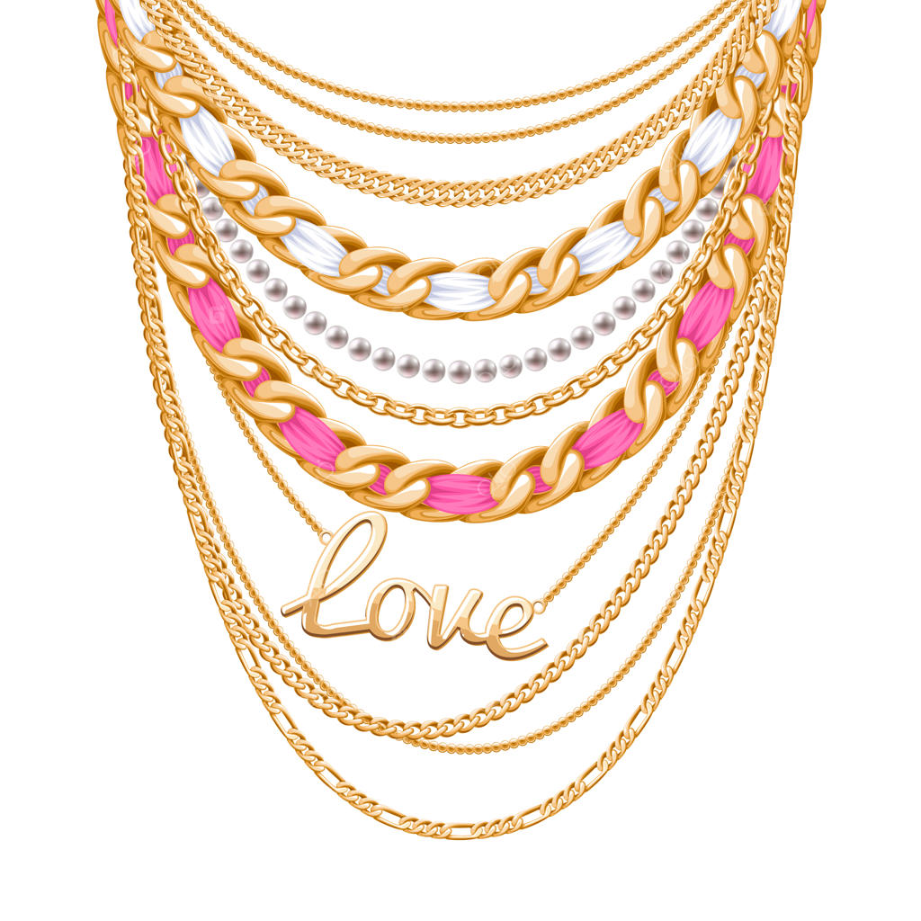 گردنبند با زنجیرهای طلایی و مروارید فراوان و آویز کلمه عشق. روبان‌های پیچیده. یک اکسسوری مد منحصر به فرد.