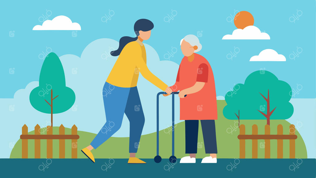 کمک در فضای باز: یاری‌رسانی به سالمندان در استفاده از واکر برای پرسه زدن در باغ، تاکید بر فعالیت‌های بیرون و کمک به تحرک.