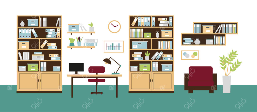 نمای داخلی دفتر کار با قفسه‌های کتاب، صندلی، کامپیوتر روی میز و ساعت دیواری