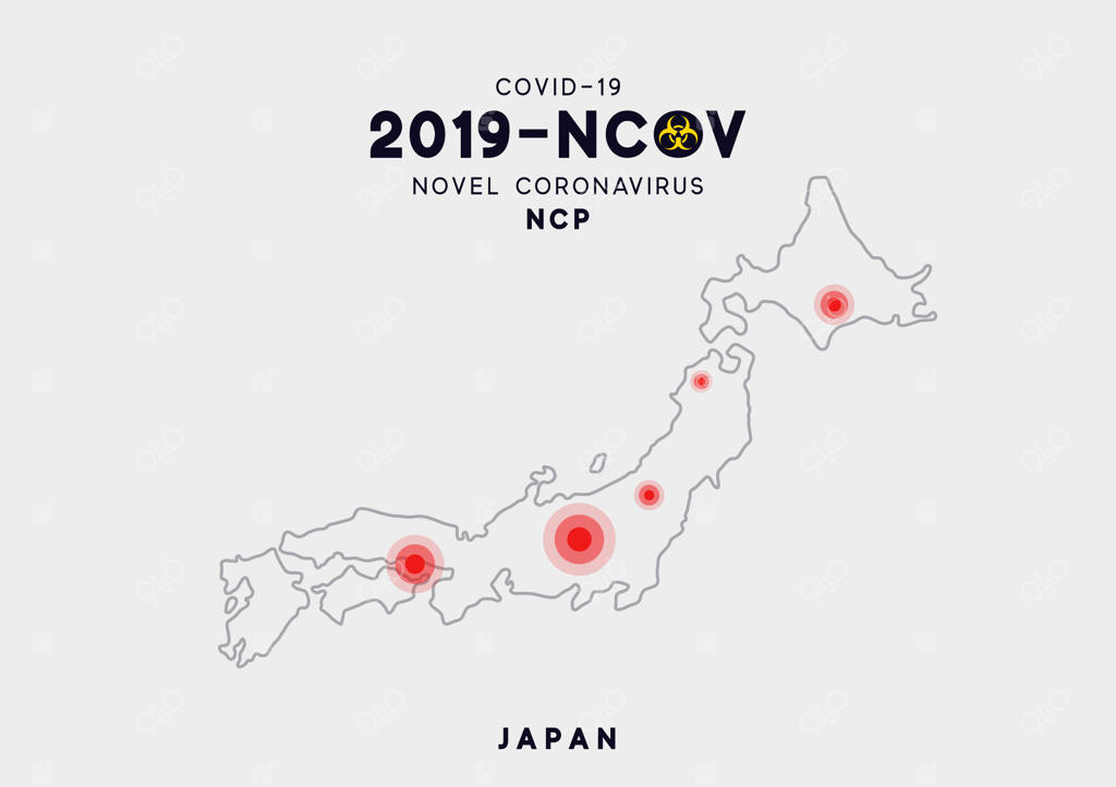 اینفوگرافیک نقشه ژاپن، مکان‌یابی شیوع ویروس کووید ۱۹. ویروس کرونای جدید (2019-nCoV). پاتوژن ویروس کرونای تنفسی ۲۰۱۹-nCov از چین. این ویروس RNA تک‌رشته‌ای است.