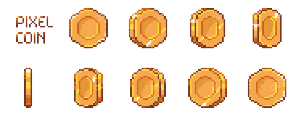 پویانمایی سکه پیکسل آرت: دارایی اسپریت سکه طلایی 8 بیتی کلاسیک، پاداش و جایزه سکه در بازی‌های آرکید پیکسلی، مجموعه‌ای از سکه‌های طلایی جدا شده