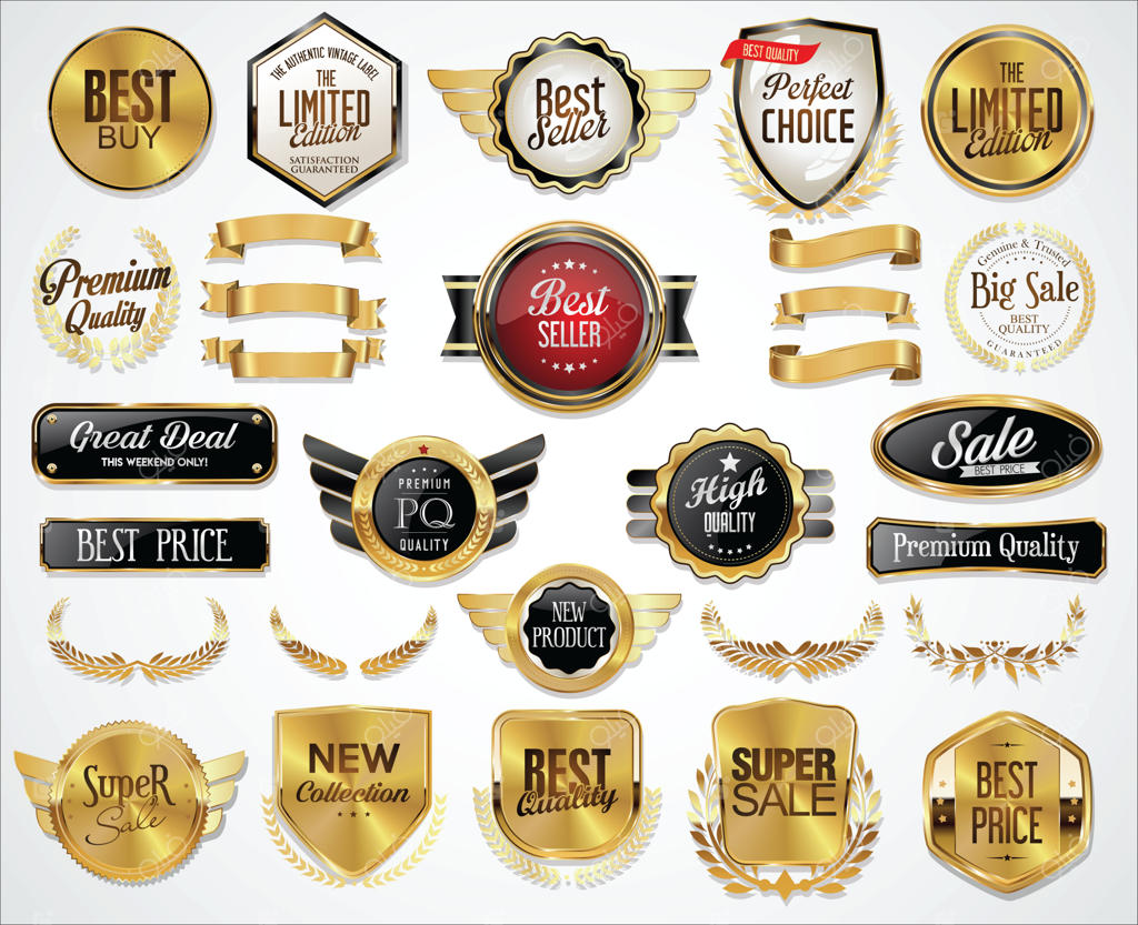 مجموعه‌ای از نشان‌های طلایی، برچسب‌ها، حلقه‌های افتخار، سپرها و پلاک‌های فلزی