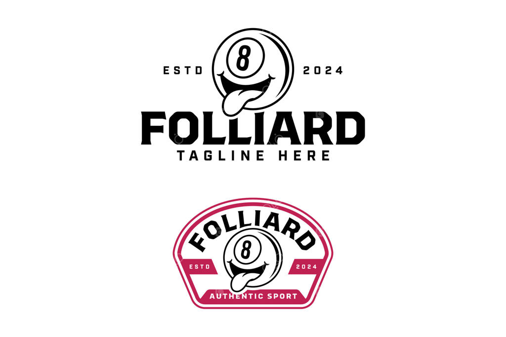 طراحی لوگو توپ بیلیارد شماره ۸ با چهره خندان و زبان بیرون. مجموعه طراحی خطی لوگو توپ سیاه بیلیارد ۸ با چهره خنده‌دار. تصویرسازی توپ بیلیارد برای باشگاه و مسابقات ورزش بیلیارد.