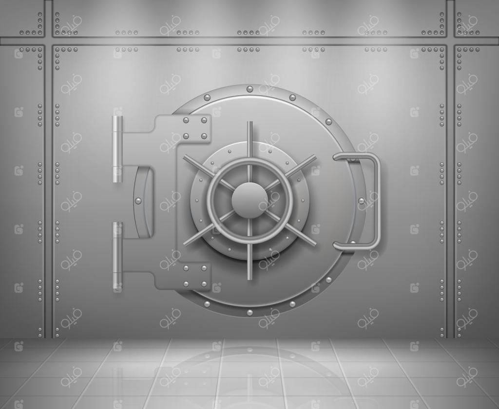 درب‌های فولادی بانک: مفهوم حفاظت از پول و گنجینه‌ها با درب‌های فلزی یا فولادی - پس‌زمینه واقع‌گرایانه و خالی از انبار ذخیره‌شده