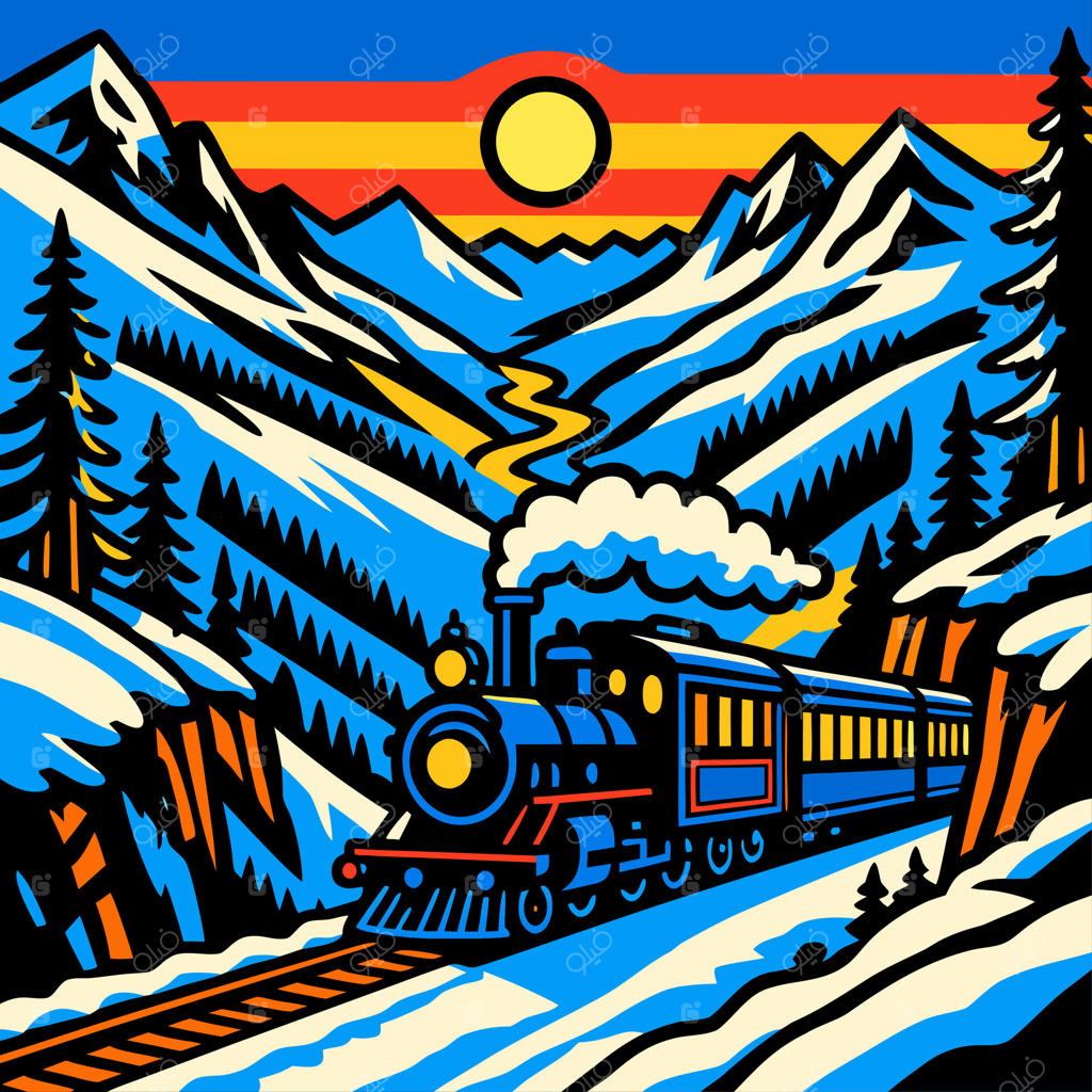 عبور قطار بخار از کوهستان برفی زیر آسمان نارنجی درخشان؛ نمایش قدرت، حرکت و سفر تماشایی در منظره زمستانی