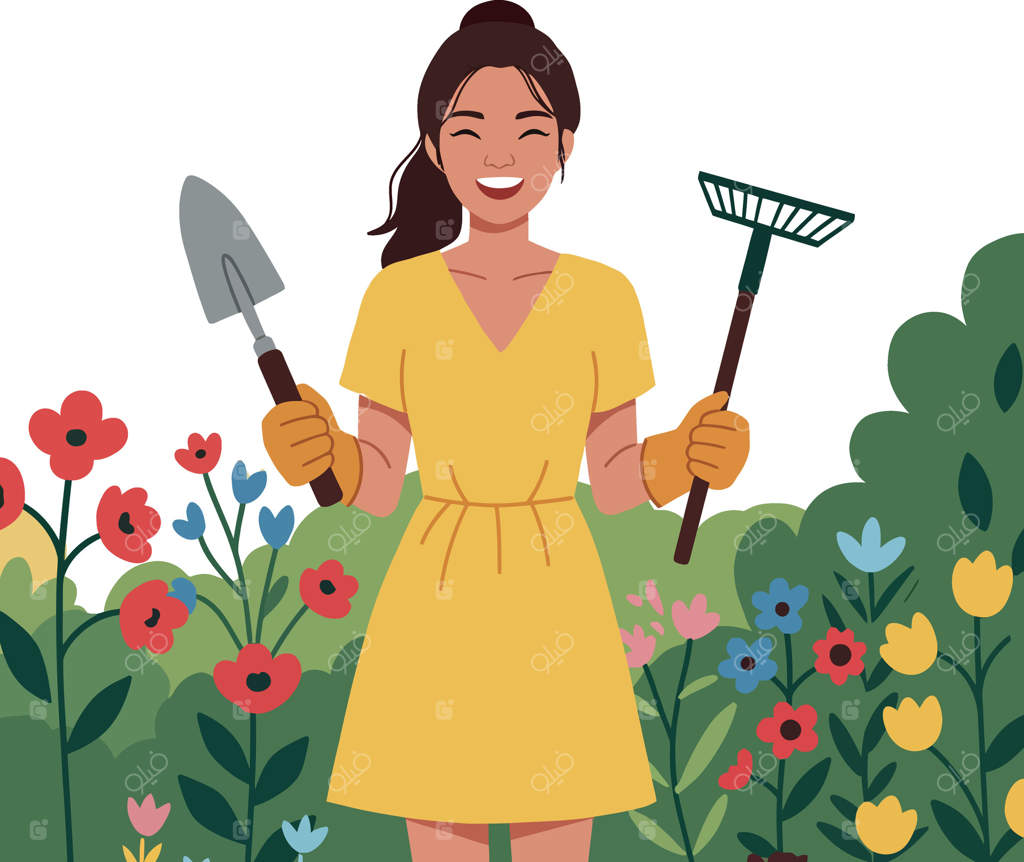 باغبانی زن با شن‌کش و بیل در باغچه گل‌های رنگارنگ در فضای باز