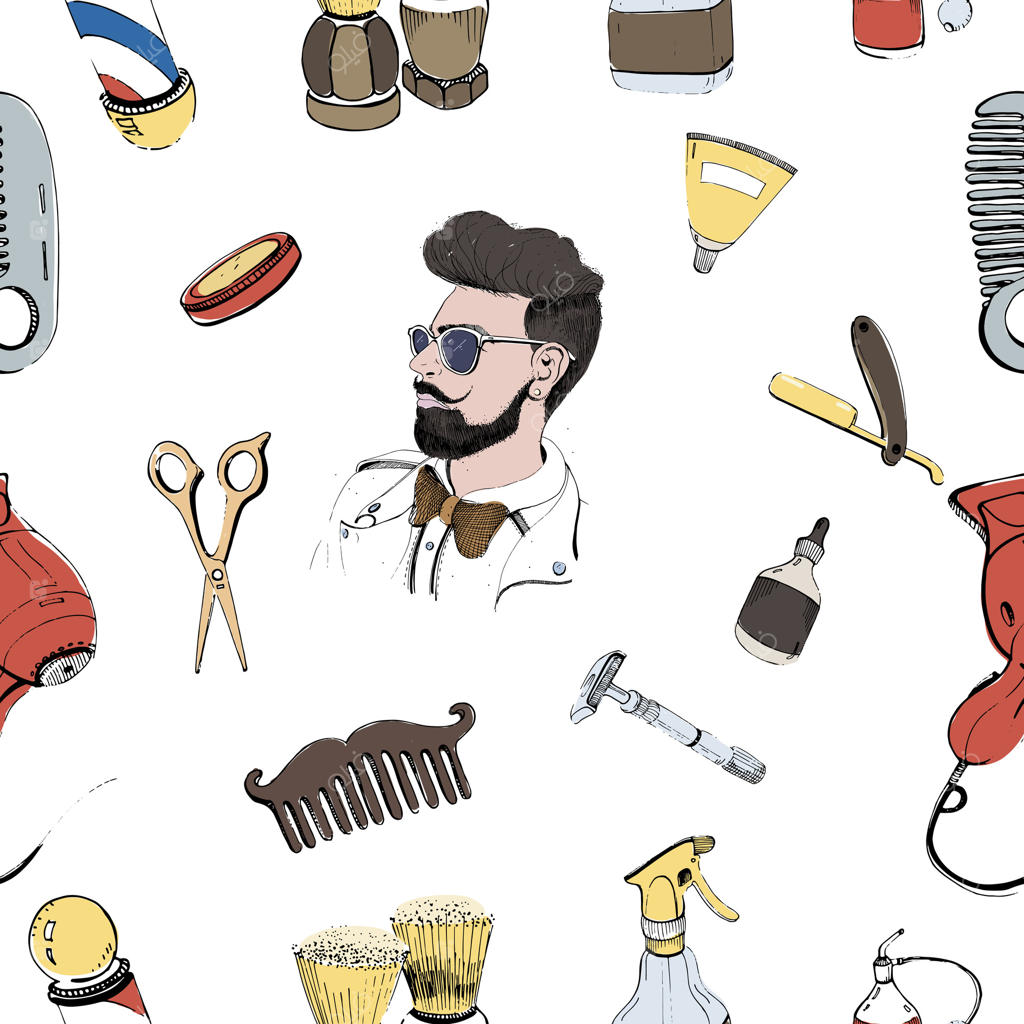 طرح یکپارچه آرایشگاه با دست کشیده شده همراه با شانه، ریش‌تراش، برس اصلاح، قیچی، سشوار، قطب آرایشگاه و اسپری بطری. پترن رنگارنگ در پس‌زمینه سفید.