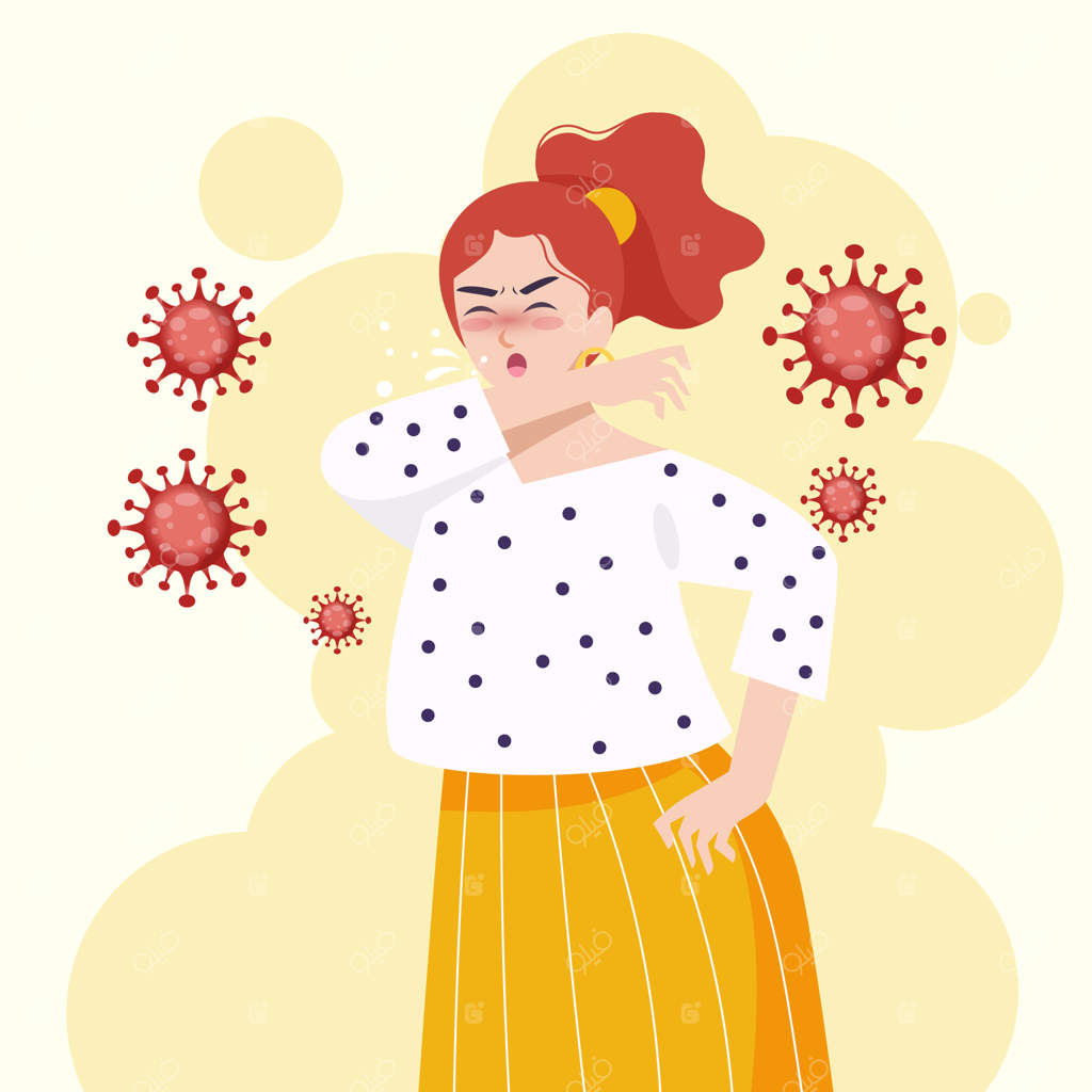 زن جوانی که سرفه می‌کند و ویروس کرونا را پخش می‌کند