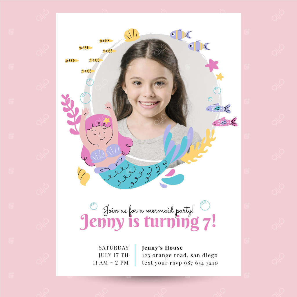 قالب کارت دعوت تولد پری دریایی با عکس برای طراحی ارگانیک