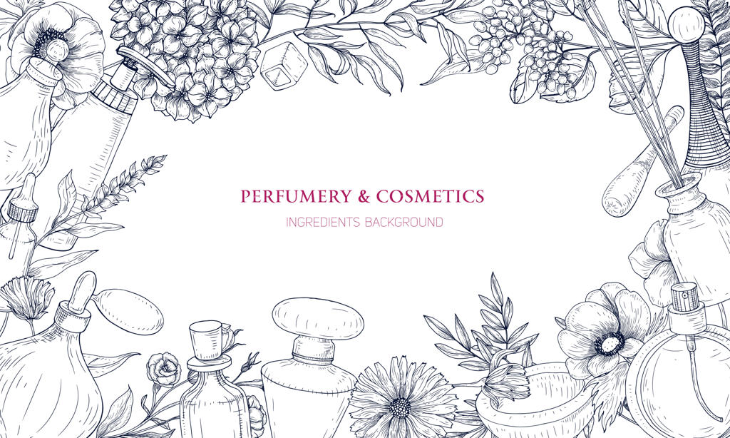 زمینه افقی با قاب متشکل از مواد اولیه عطر و اسانس در شیشه‌ها و گل‌های شکوفا شده