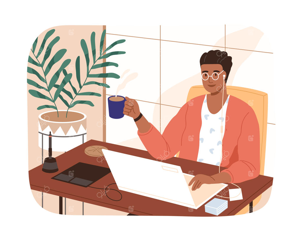 فریلنسر مرد سیاه‌پوست در حال لبخند و کار از راه دور با لپ‌تاپ - تصویرسازی برداری. طراح مدرن در حال نشستن پشت میزی با فنجان قهوه. مرد خوداشتغال در محیط کاری راحت.