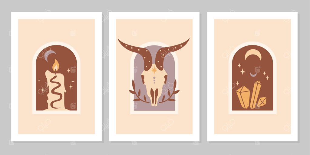 پوستر مجموعه‌ای با نمادهای جادویی و خالکوبی‌های اسرارآمیز جادوگری. شامل ماه هلالی، شمع، گوهر، بز و کریستال‌ها. تصویرسازی مسطح وینتج و مرموز برای طراحی پوستر، کارت و بروشور.