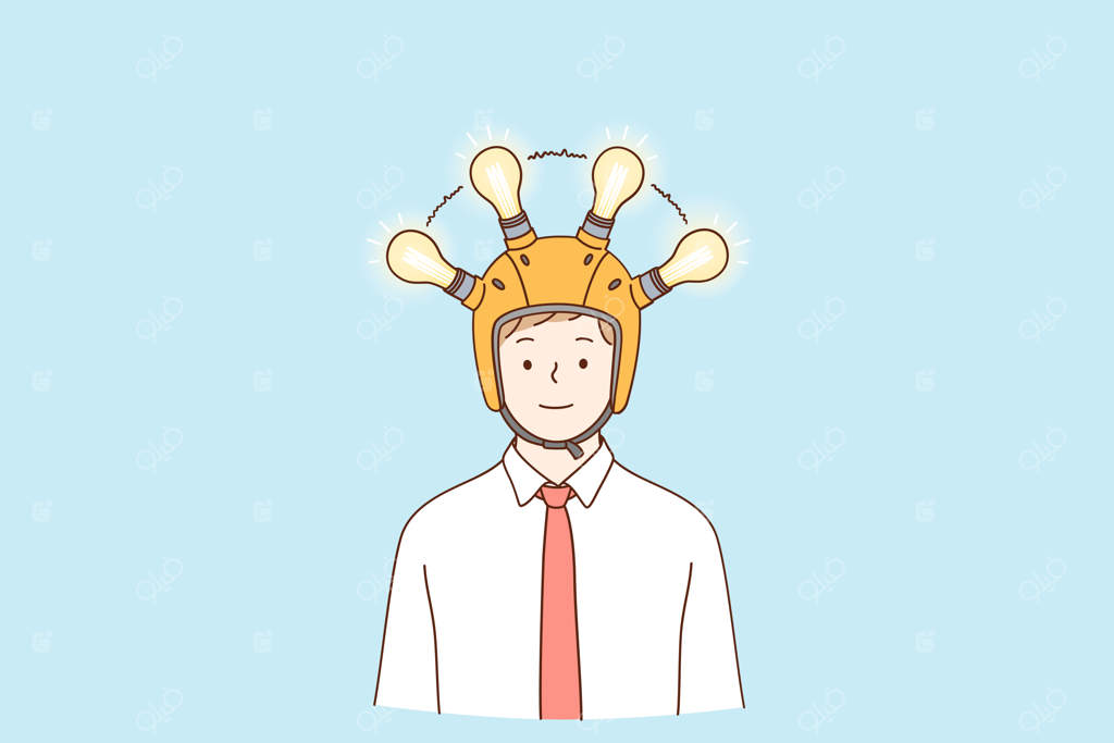 کارتون تاجری خوشحال با کلاه ایمنی و چراغ‌های راهنما