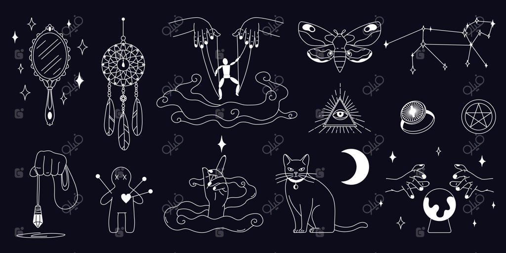 مجموعه وکتور آیکون‌های بوهو و عرفانی با طرح تخته‌سیاه، شامل اشیاء و نمادهای جادویی و حیوانات توتم
