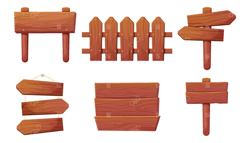 تابلوی چوبی بافت‌دار، پانل نشانه‌گذاری بازی - طراحی رابط کاربری منوی مجموعه. علامت‌گذاری جهت، حصار مزرعه یا باغ جنگلی.  تابلو فلش خالی برای فضای باز