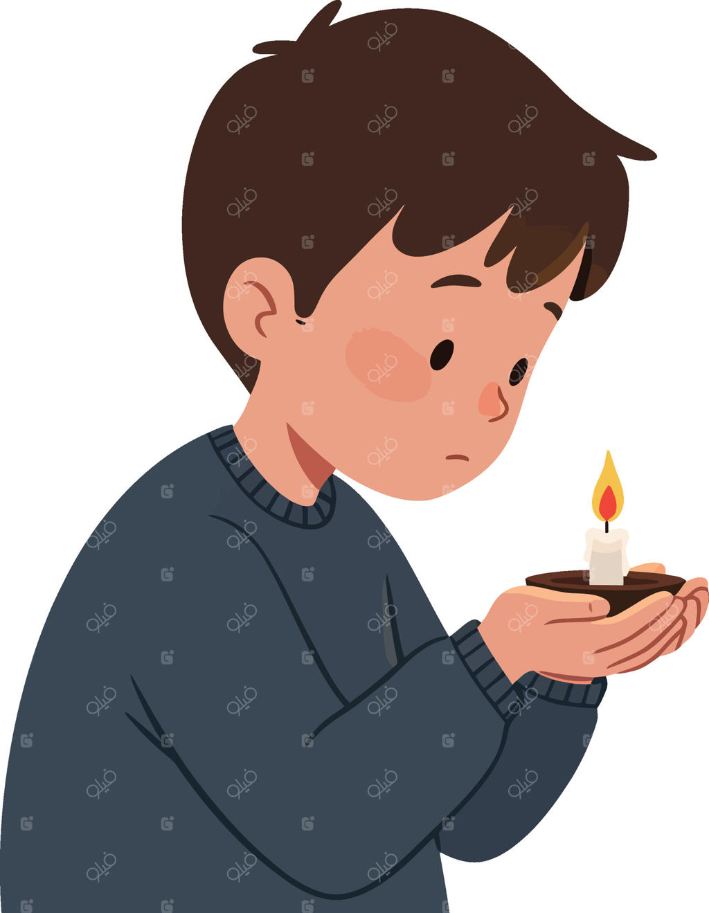 تصویرسازی پسر جوان با پلیور سرمه‌ای و شمع روشن در دست و چهره‌ای متفکر