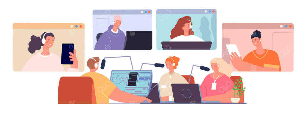 افراد گوش دادن به پادکست: جوانی با هدفون، موسیقی دیجیتال یا مصاحبه در شبکه‌های اجتماعی، کلاب‌هاوس، رادیو آنلاین، وبینار و صحنه دیجیتال