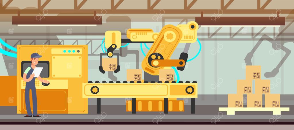 نوار نقاله کارخانه صنعتی با فرآیند بسته‌بندی تولیدات