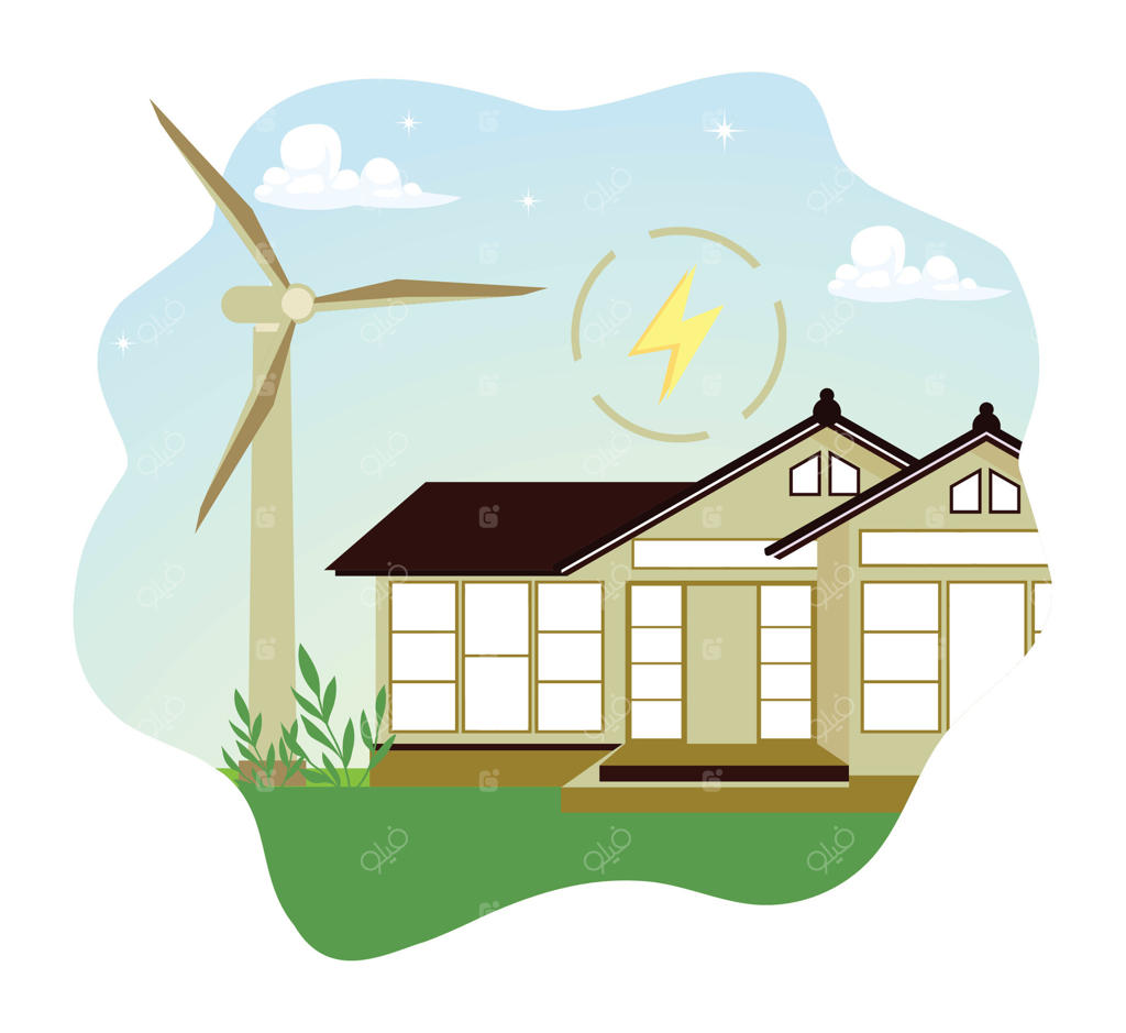 خانه مدرن سازگار با محیط زیست با توربین بادی و صفحات خورشیدی.