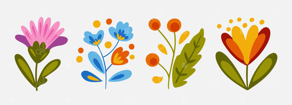 ست گل‌های انتزاعی رنگارنگ: شکوفه‌ها و برگ‌های زیبا و درخشان.