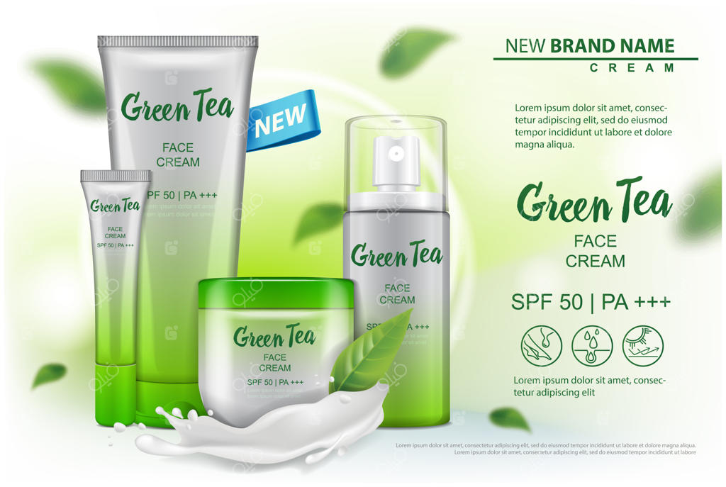 تبلیغات محصولات آرایشی با عصاره چای سبز برای کاتالوگ و مجله - کرم، ژل، لوسیون بدن، اسپری و بسته‌بندی محصولات آرایشی