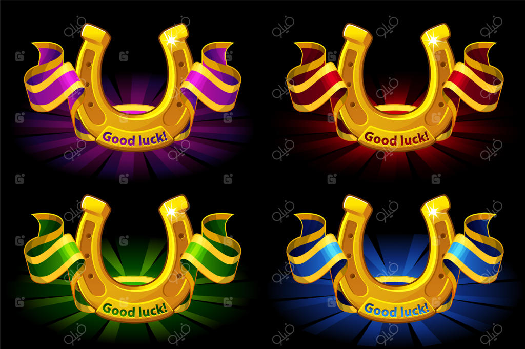 بنر وکتور نعل اسب طلایی با روبان‌های رنگی - مجموعه‌ای از نعل‌های رنگارنگ برای خوش‌شانسی