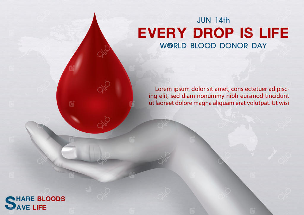 کمپین تصویرسازی برای روز جهانی اهداکنندگان خون با قطره خونی در حال پرواز بر روی دست انسان، متن رویداد و نمونه‌ نوشته‌ها بر روی نقشه جهان و پس‌زمینه سفید.