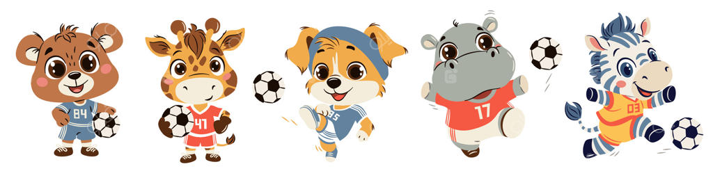 حیوانات کارتونی دوست‌داشتنی در حال بازی فوتبال - وکتور حرفه‌ای