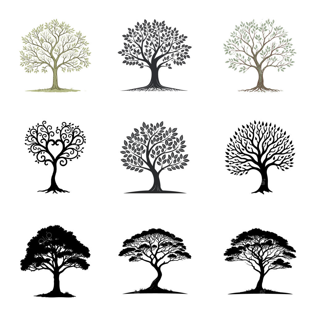 مجموعه سیلوئت درختان برای طراحی لوگو، نشان و پروژه‌های با تم طبیعت