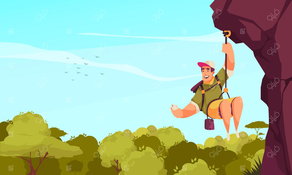 ترکیب‌بندی کوهنوردی با چشم‌انداز طبیعی و شخصیت کارتونی از یک کوهنورد در حال آویزان با تصویرسازی درختان