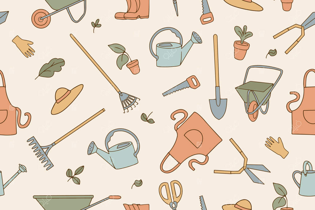 پترن یکپارچه ابزار باغ به سبک دوودل: آب‌پاش، بیل‌چه، سطل، شلنگ، چنگک، فرغون، بیل، قیچی، نهال درخت، چنگک باغبانی و دیگر ابزارهای خطی. رنگارنگ
