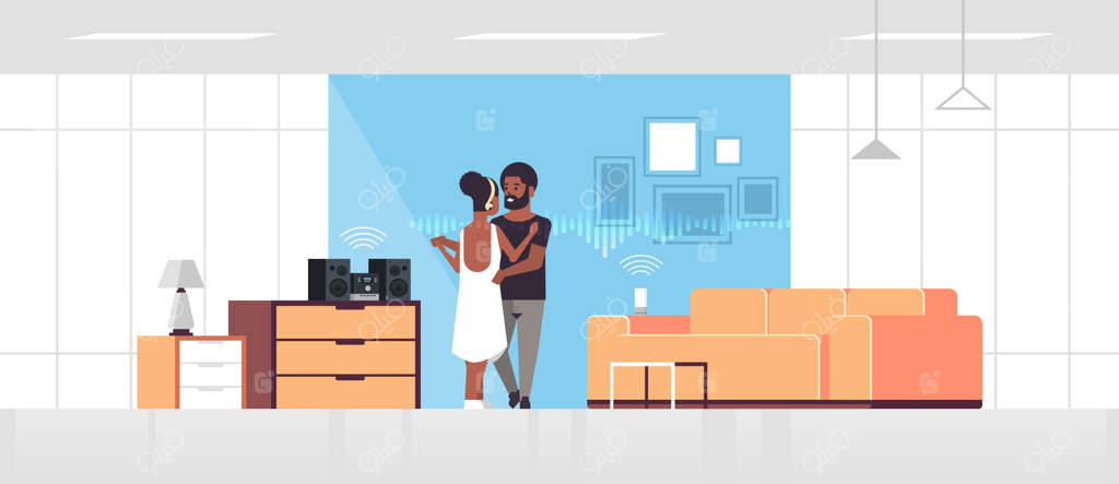 زوجی در حال استفاده از سیستم استریوی Hi-Fi با کنترل صوتی اسپیکر هوشمند