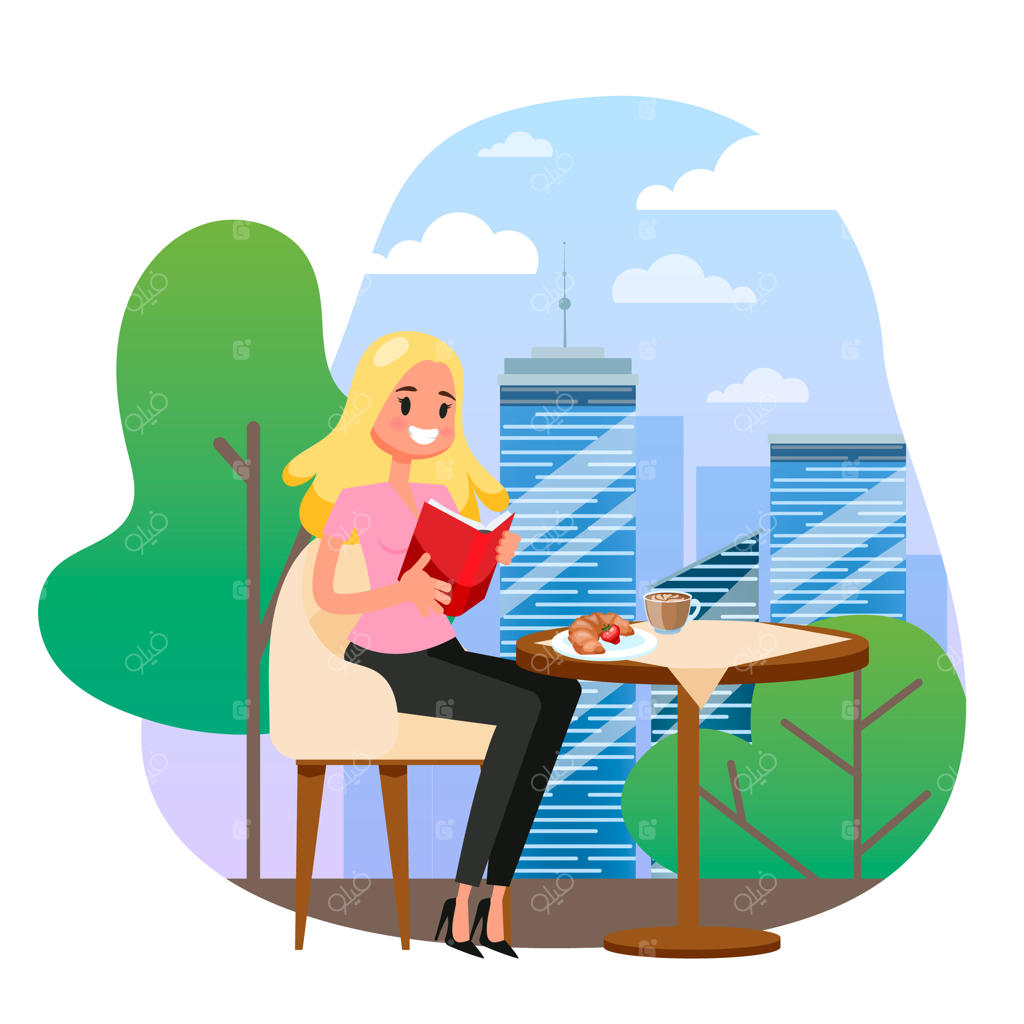 زن تاجر نشسته در کافه و مطالعه می‌کند