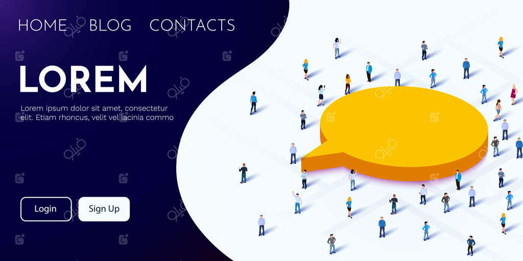 گروه بزرگی از افراد دور نماد حباب گفتگو ایستاده‌اند