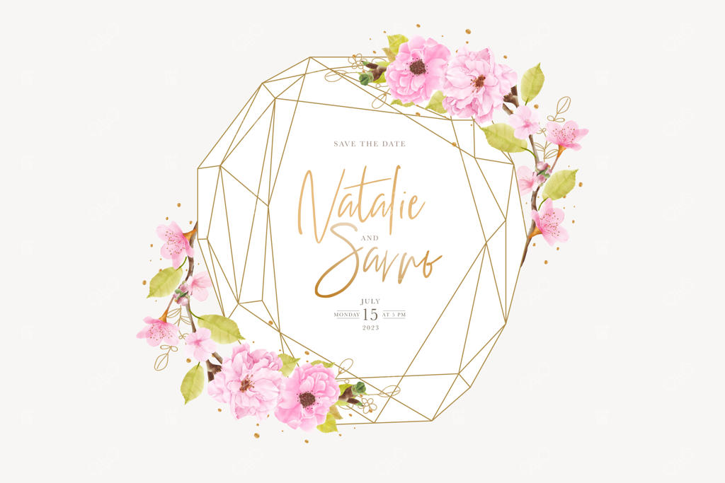 طراحی قاب طلایی با شکوفه‌های گیلاس به سبک آبرنگی