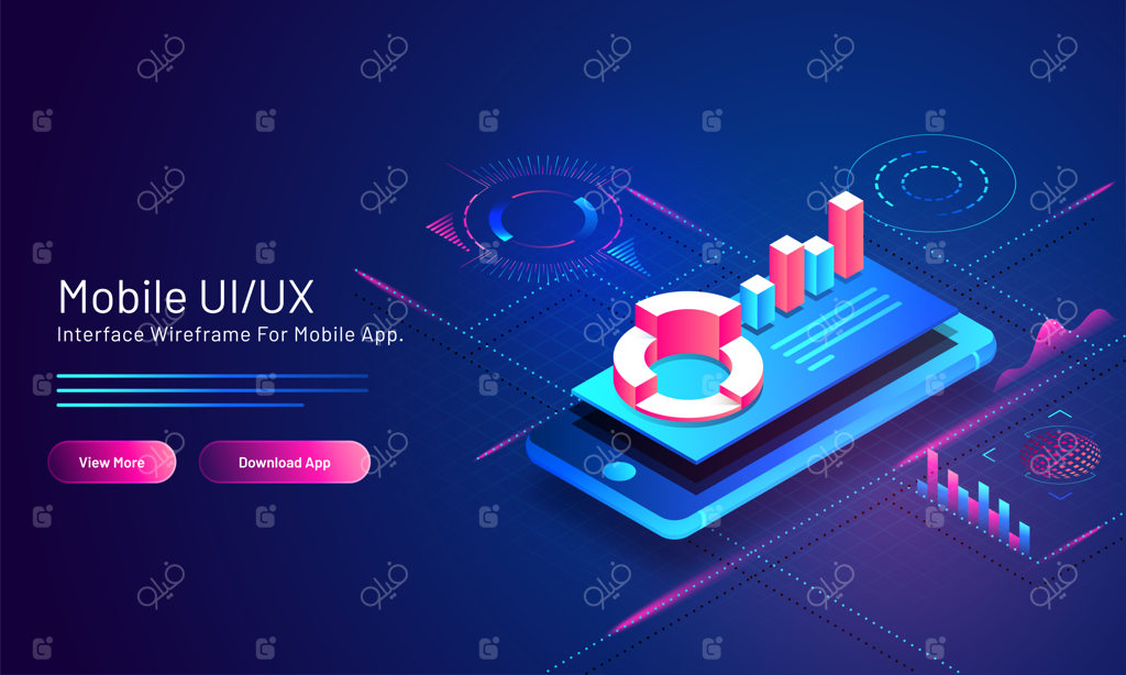 صفحه فرود ایزومتریک مبتنی بر UI/UX موبایل با اپلیکیشن اینفوگرافیک مالی در گوشی هوشمند روی پس‌زمینه دیجیتال آبی