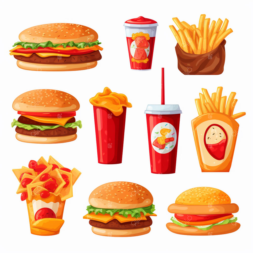 وکتور آیکون همبرگر و تصویرسازی فست فود، پیتزا و ساندویچ برای منوی رستوران