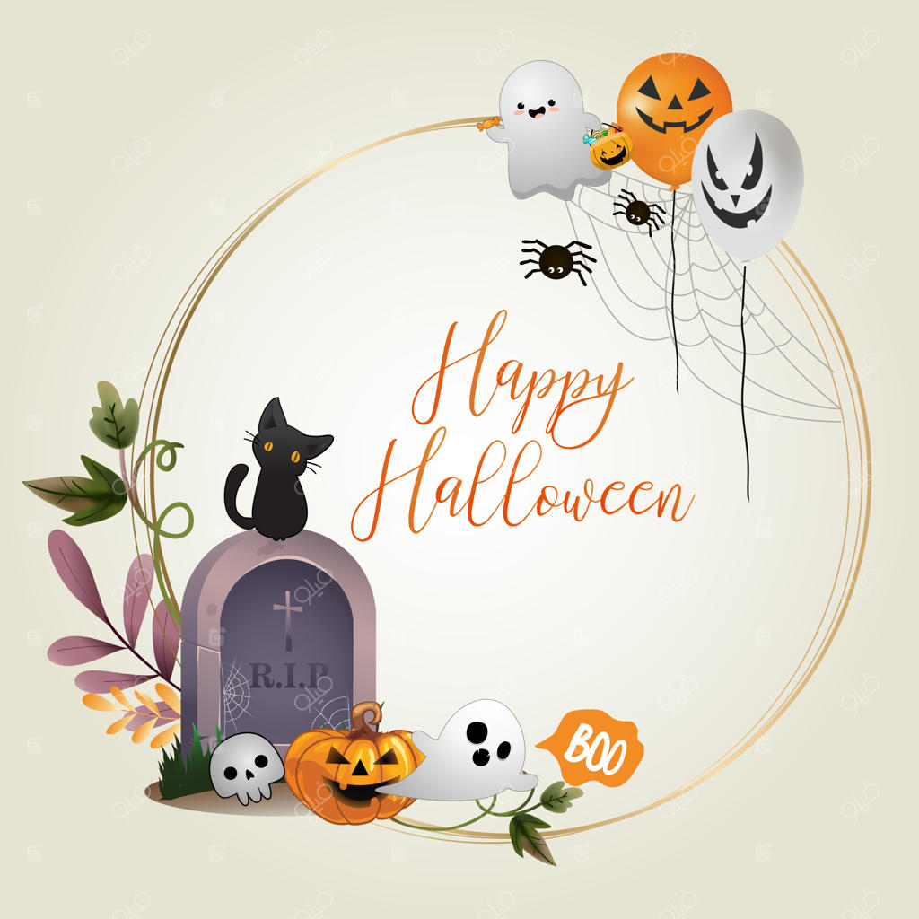 هالووین مبارک با گربه سیاه، کدو تنبل و سنگ قبر در قاب دایره‌ای وکتور