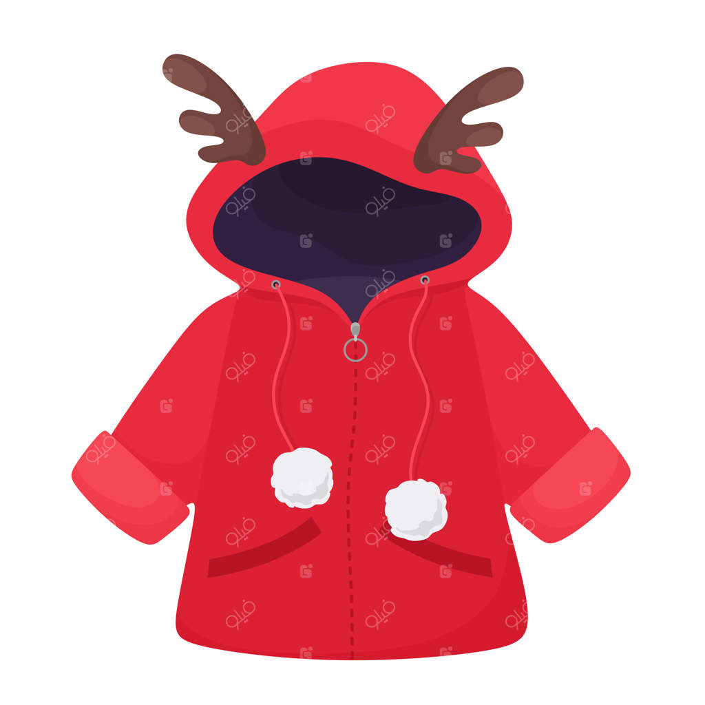 کاپشن زمستانی بامزه کودکان با شاخ گوزن و پوم‌پوم‌ها. در طراحی ساده.