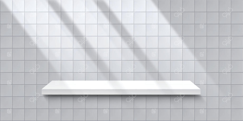 شلف سفید مینیمال روی دیوار کاشی‌کاری‌ شده خاکستری