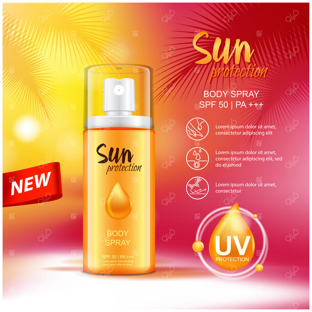 محصولات آرایشی محافظ آفتاب: اسپری جدید مراقبت از پوست در برابر خورشید. تصویرسازی برای مجله یا تبلیغات.
