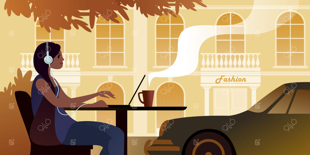 دختری با موهای مشکی و هدفون در کافه‌ی مرکز شهر به صورت دورکاری کار می‌کند - تصویرسازی وکتور