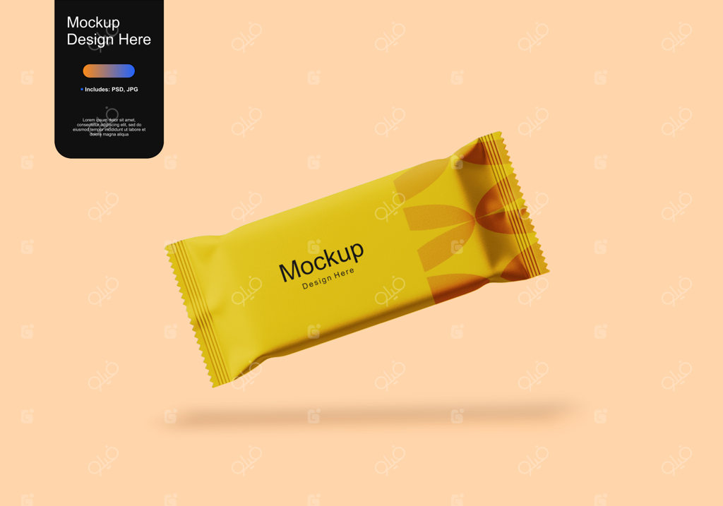 موکاپ بسته‌بندی اسنک‌بار معلق با پس‌زمینه هلویی ملایم