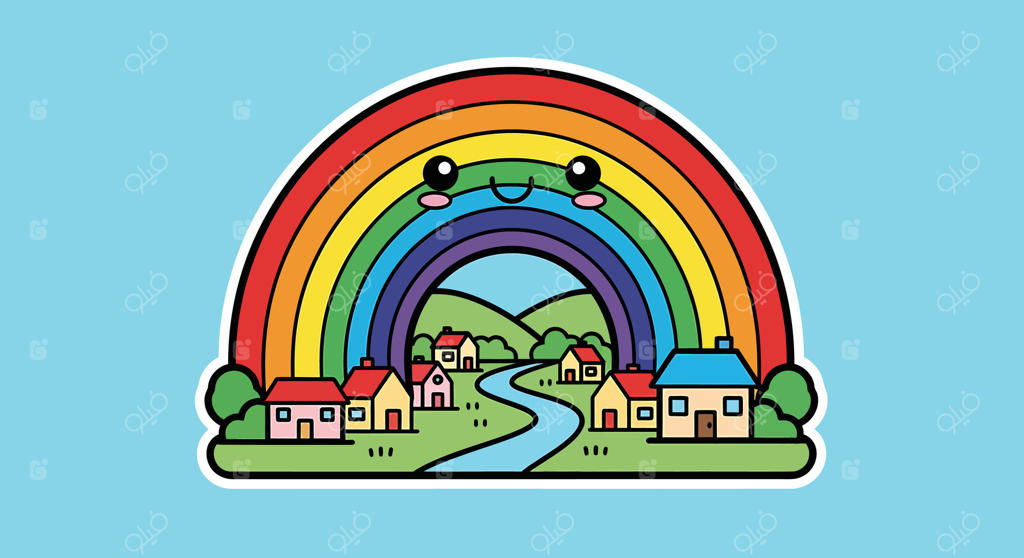 دهکده کارتونی رنگین‌کمانی و بامزه، تصویرسازی منظره شاد