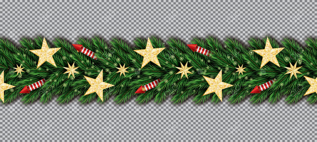 حاشیه کریسمس با ستاره‌های طلایی براق، شاخه‌های درخت کریسمس و موشک‌های قرمز