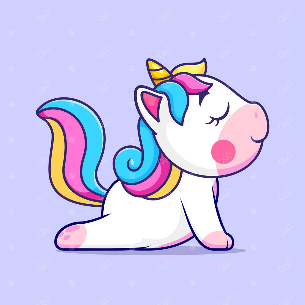 آیکون کارتونی تک‌شاخ بامزه در حال کشش - مفهوم آیکون ورزشی حیوانات به صورت تخت و ایزوله