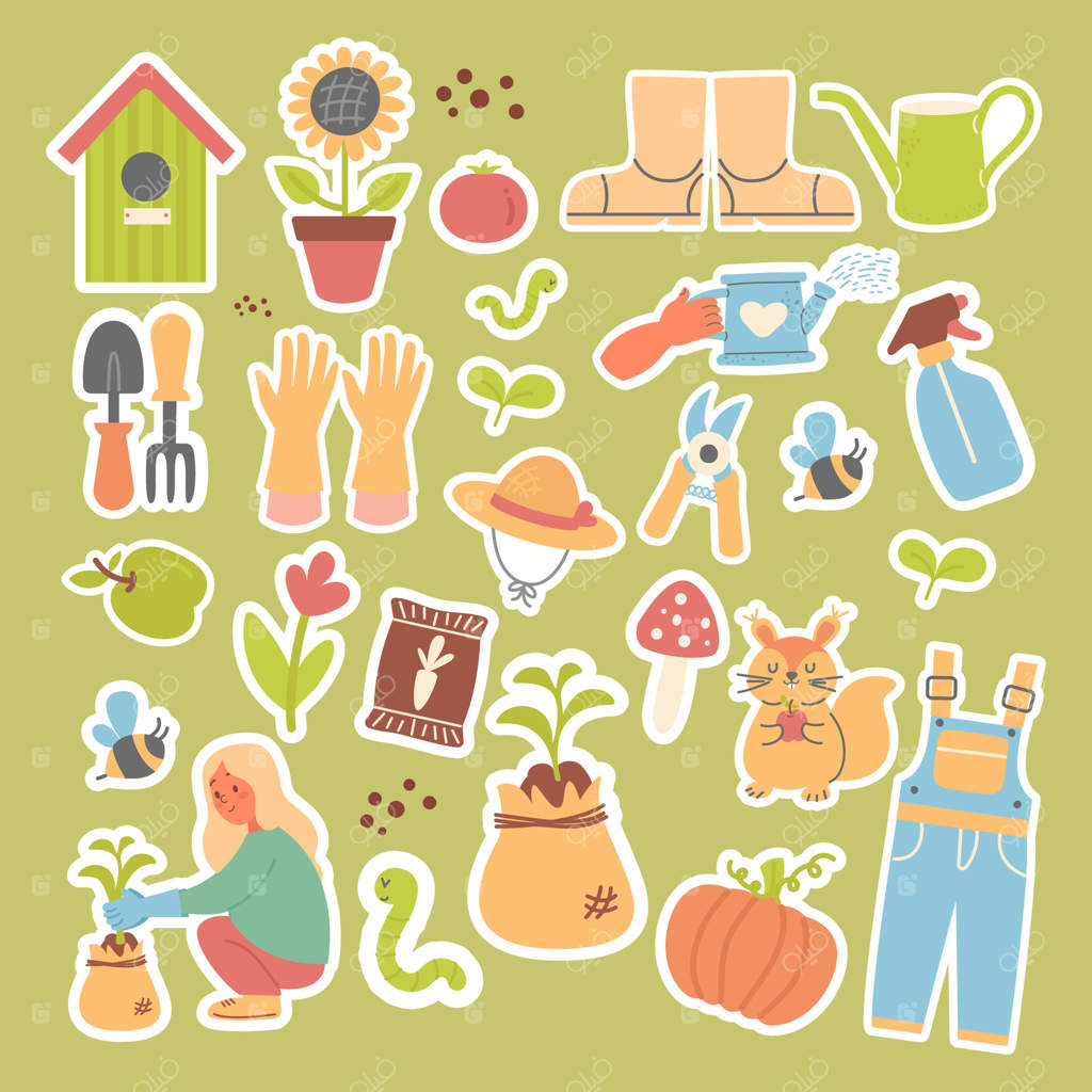 مجموعه برچسب‌های بامزه باغچه - طراحی ساده