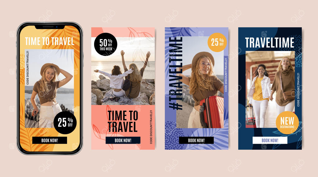 مجموعه استوری اینستاگرام با طرح‌های دستی در مورد سفر