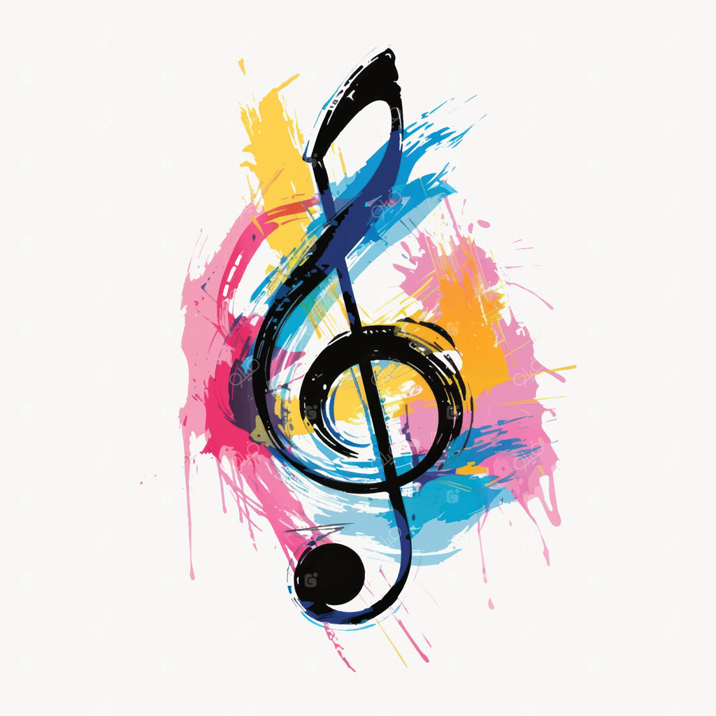 طرح هنری نت موسیقی مشکی در میان پاشش رنگ‌های زنده و رنگارنگ